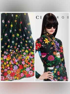 David Brown for Lord & Taylor Black Long-Sleeve Floral Print Dress